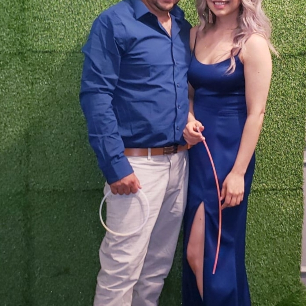 Navy Satin Evening Dress with Side Slit